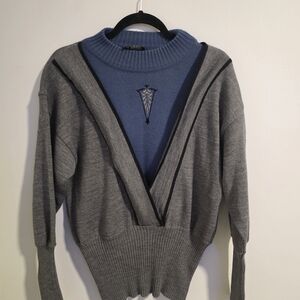 Vintage Elegant Gray and Blue Women's Cowl Neck Sweater